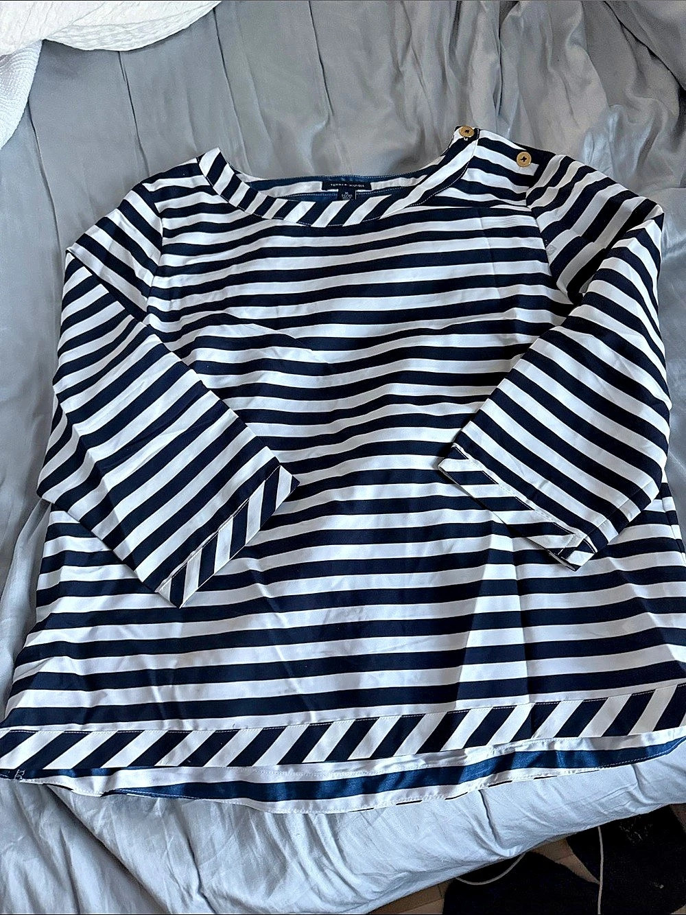 Tommy Hilfiger Gold-Button Striped silky-Blend Blouse Blue & White XL